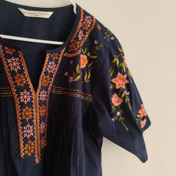Wayward Fancies eShakti Floral Embroidered Pintuck Top Tunic Boho Peasant Cottag - Picture 6 of 14